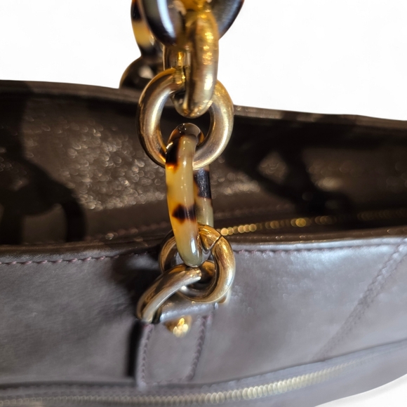 FENDI Tote Shoulder Bag Tortoise Shell Chaim Handle Purse Charcoal Brown Leather - Picture 7 of 10